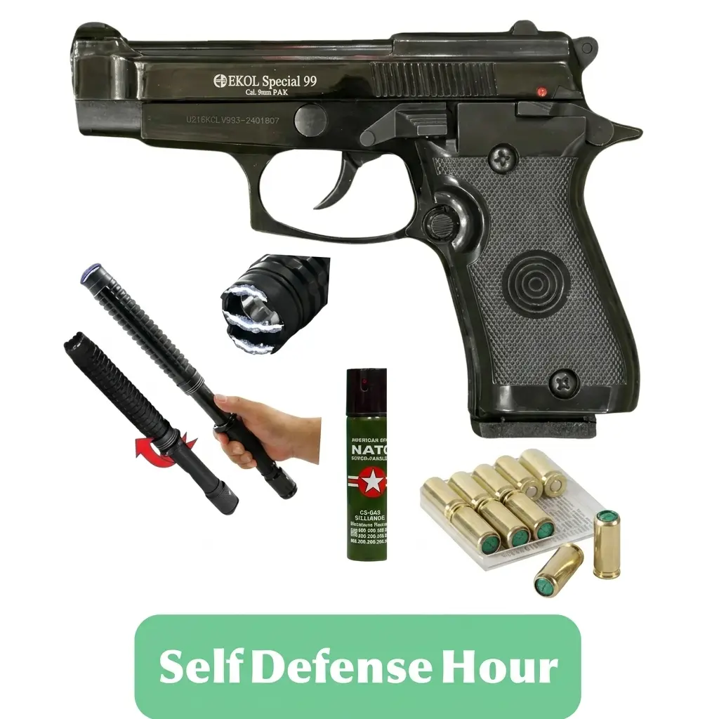 Ekol Special 99 Cal 9mm Black, Stun Gun, Peper spray, Holster | 10 Blanks – Complete Self-Defense Kit