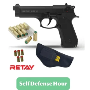 Retay Mod 92 Blank Gun black– Silver Finish with 3 Pepper Bullets, 10 Blank Bullets, and Holster