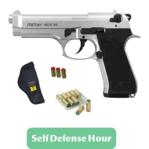 Retay Mod 92 Blank Gun chrome – Silver Finish with 3 Pepper Bullets, 10 Blank Bullets, and Holster