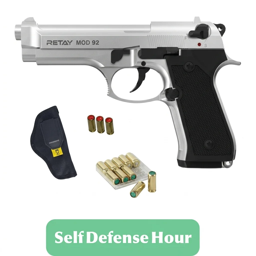 Retay Mod 92 Blank Gun chrome – Silver Finish with 3 Pepper Bullets, 10 Blank Bullets, and Holster