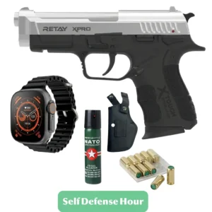 Retay XPro Chrome Blank Gun – Includes Holster, 10 Bullets, Pepper Spray, and Ultra Watch 8 Ultra