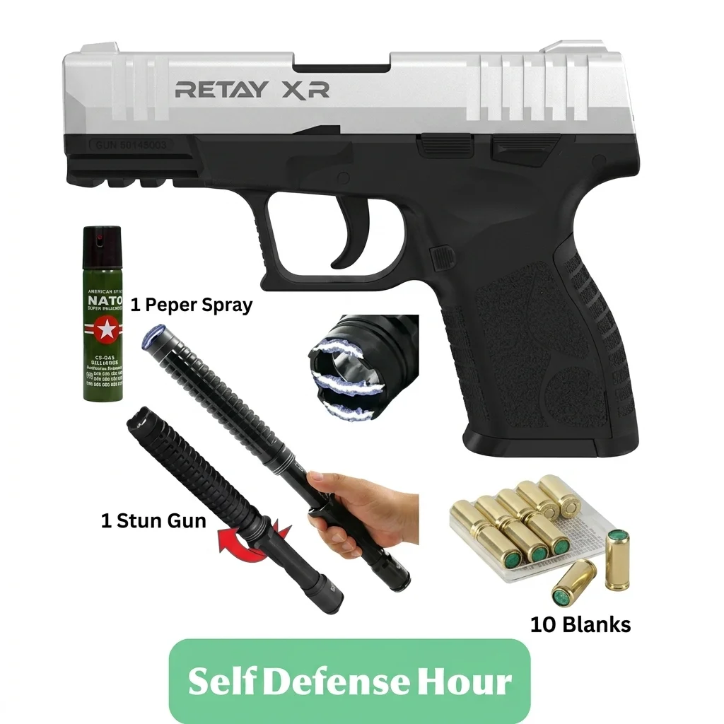 Retay XR Chrome Blank Gun – Includes Taser Light, 10 Bullets, and Pepper Spray