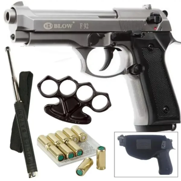 Blow F92 Beretta Gun with Blanks, Holster, Extendable Baton and Knuckle Duster